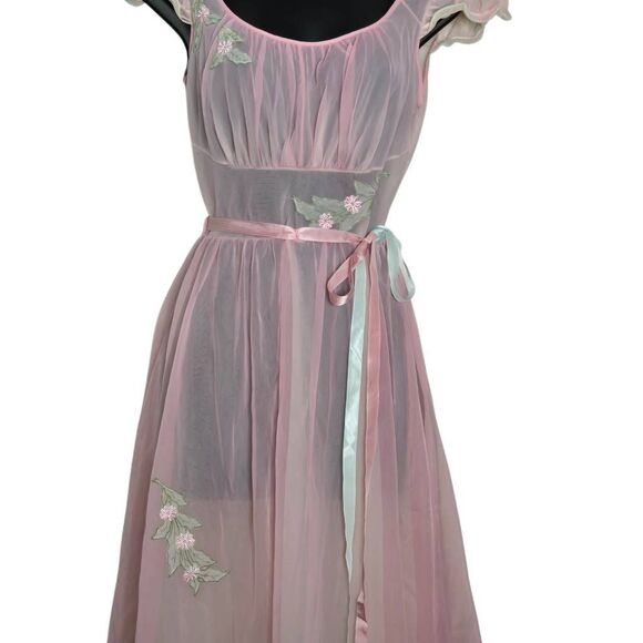 Luxite by Holeproof Vintage 50s Pink Sheer Nightgown Embroidered Babydoll Size S - Picture 2 of 4
